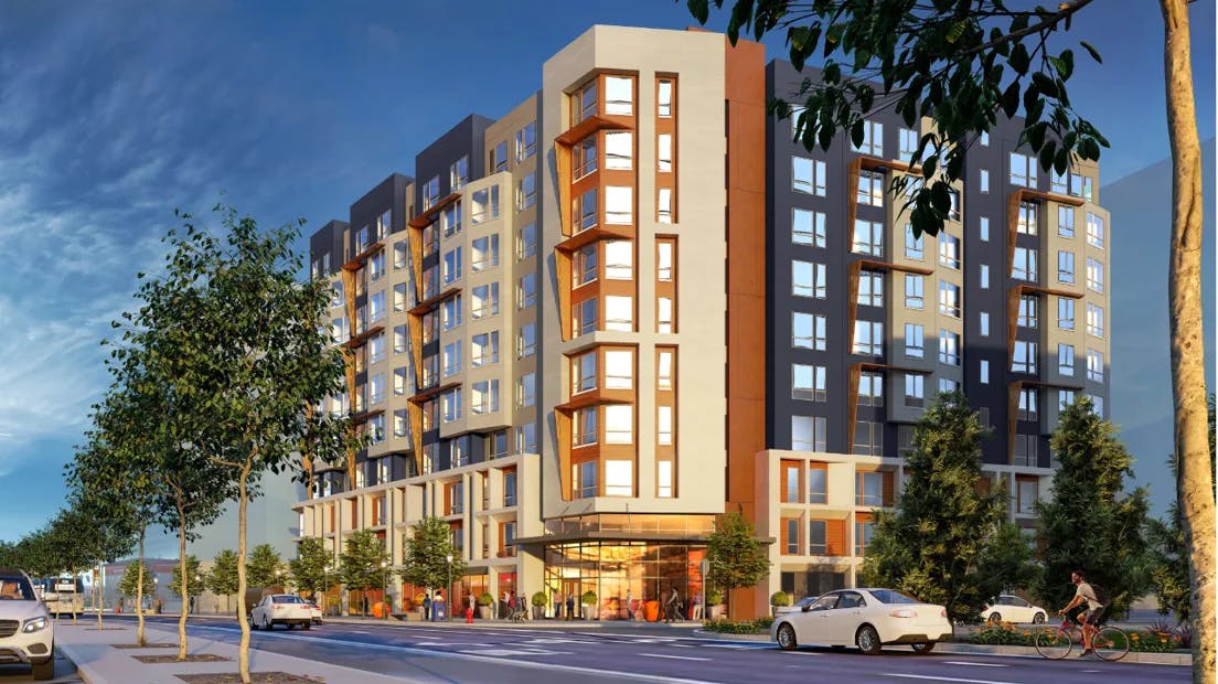 Berryessa Apartments concept render with traffic near building