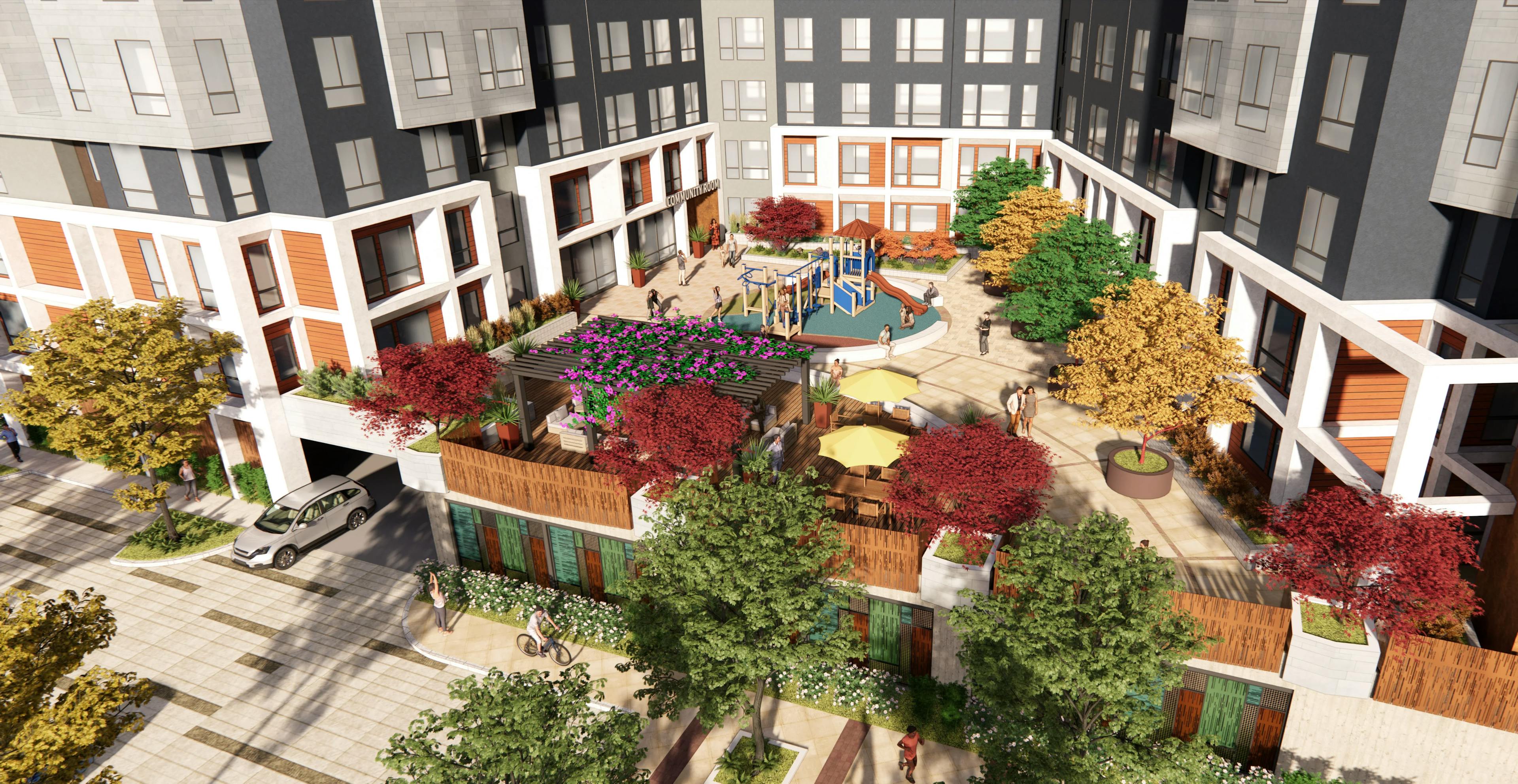 Berryessa Apartments render with recreation zone and playground