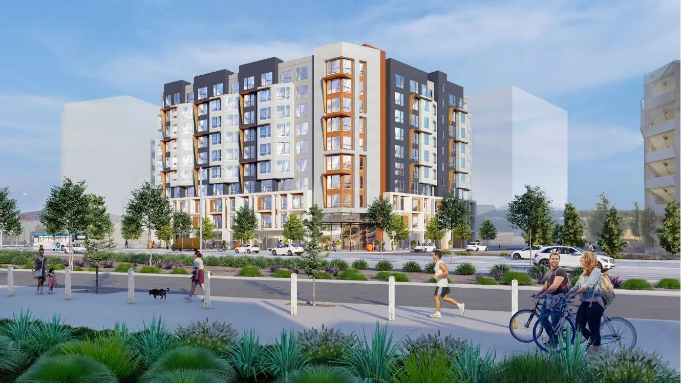 Berryessa Apartments render with pedestrians walking and riding bicycles nearby